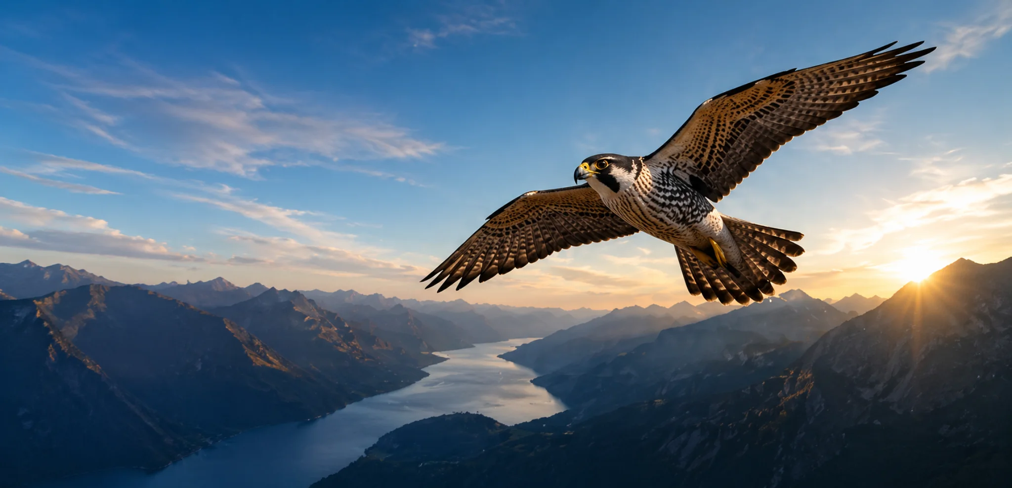 Falcon in flight over mountains